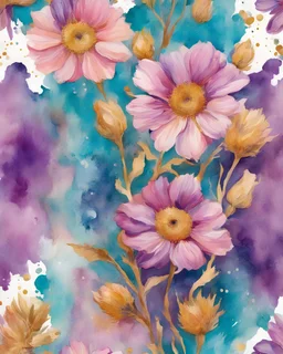 pink , purple, turquoise and gold flower van Gough water color on white background