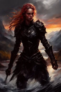 A formidable warrior girl in black armor, on the background Amazing gloomy landscape, flooded with sunset, mountains, trees, fabulous scary hero, , juicy emotions, painting, dark fantasy, bad weather, gloomy day, dark world, by Raymond Swanland & Alyssa Monks & Anna Razumovskaya & James Paick