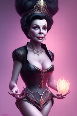 Joan Collins as evil queen in black leather, leather, busty, cleavage, angry, stern look. character design by cory loftis, fenghua zhong, ryohei hase, ismail inceoglu and ruan jia. unreal engine 5, artistic lighting, highly detailed, photorealistic, fantasy