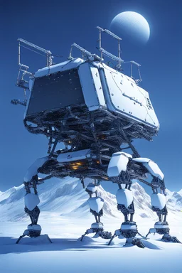 a sleek mechanical walker with eight legs scaling a very steep snow covered side of mout everest at night, it has a smooth surface, it has storage pods on its belly and humans can fit in the pods