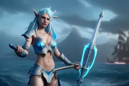 [Sea Elf] [Maormer] Hero Queen with [white hair] and [blue skin] wielding a blue glass greatsword on a ship with crew [fantasy] [realism] [Elder scrolls]