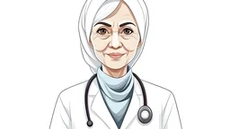 A doctor specializing in preventive medicine and hospital hygiene, wearing a hijab, white skin, reaching retirement age, without wrinkles, round face.