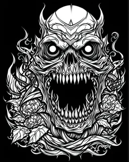 create a 2d black outline, "scary psycho monster with half of face with deformation on face and psycho smile and corrupted thorn coloring book for adults", coloring page, low details design, black contour, coloring page design, coloring page for adults,horror background, black contour and white space beetween contour, same contour,sketch style, horror style, creepy style, minimalist, halloween background,simple