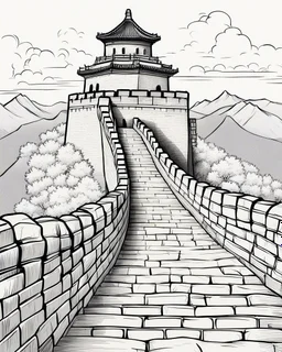 Cartoon outline, Great Wall of China, coloring pages, no color, highly detailed, black and white, white background, highly detailed