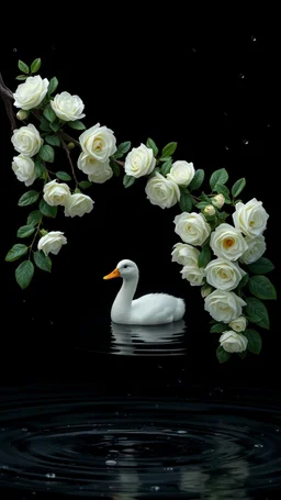 The image is a digital artwork that depicts a branch of tree of white roses and leaves tangling in to a water in the river with one white baby duck floats on the surface of the water, creating a wave-like effect. The background is black, which makes a branch of a tree of white roses stand out even more. Water droplets are scattered adding to the dreamy, ethereal quality of the image. The a