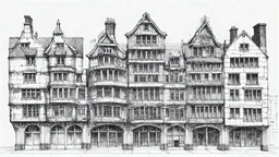 technical drawing pencil sketch front elevation of a row of skeletal multi-story fantasy tudor buildings