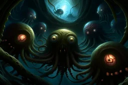 View into an event horizon in space with many enormous strange tentacled creatures with huge eyes and mouths flying around