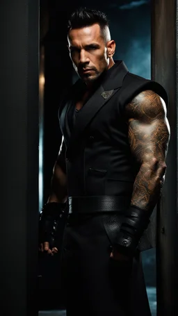 Jason David Frank as a Very muscular alpha male with short hair and tribal tattoo and piercings. Wearing a black designer suit , standing in a doorway. dark fantasy, hyperrealistic