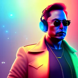 Elon Musk as the boss, little blue bird standing on his shoulder, steampunk, headphone, sunglass, gangsta neckless, full body, yellow puffer jacket, neon lit background, dramatic lighting, hyper realistic, unreal engine 5, 16k