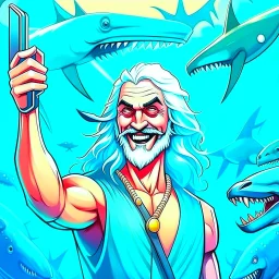 the sea god Poseidon, taking selfie with sharks, smiling, realistic, detailed,