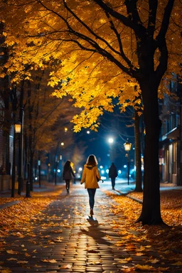 night yellow lights over the street trees autumn leaves under feet ,a Student adult girl with books in her hand walking in street turned back to talk to a boy walks after her few meters away her back