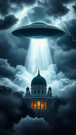 A ufo hovering above the White house hovering above swirling clouds, emerges from the heart of a raging storm. Turbulent winds of steam swirl around the iconic structure, lit by shafts of sunlight that cast dramatic shadows on the A large UFO spacecraft hovering over the White House surrounding clouds. A storm rages and thunder lights up the dark sky, yet the mosque remains calm and quiet, its green dome a beacon of peace in the midst of chaos.