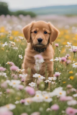 puppy in a field of flowers