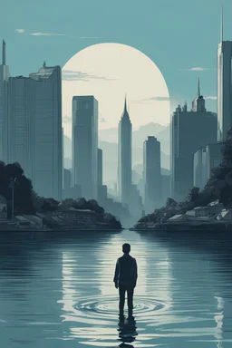 Art poster for a book about the city of Geneva with a lake. The character is in the lake. Dystopian fiction. No words. Detailed architecture