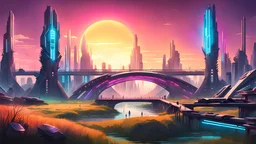 Solar punk futuristic world, futuristic sci-fi buildings with neon saber lights, Vibrant grassland, sunrise from river, bridge on the right