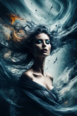 A beautiful mysterious woman, abstract image showing her chaotic life, chaos, stormy, 8k, exceptional beauty, mysterious, abstract conceptional art