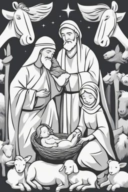 cartoon style, only strokes black white, simple lines, baby Jesus lying in a manger, mary and joseph, barn animals, the 3 wise men, white backgrond, white hair and beard, biblical characters, no grayscale