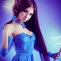 sourceress girl, beautiful, model, blue intricate lace dress, elf like, hands in her hairs, holding a wand, high definition, cinematic, avatar