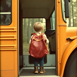 kindergartener going in bus door in a wooded neighborhood with a fantastical backpack made of sirloin steak, nostalgic, faded old color photograph