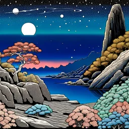Colourful, peaceful, Hiroshige, night sky filled with galaxies and stars, rock formations with fossils, flowers, one-line drawing, sharp focus, 8k, deep 3d field, intricate, ornate