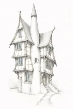A pencil sketch front elevation line drawing of a tall, narrow, twisted, mediaeval fantasy house.