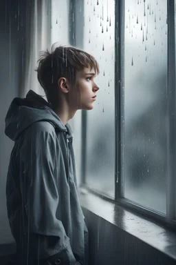 sad teenager looking at window while raining future style