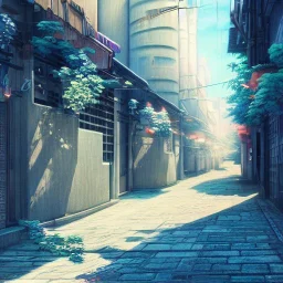 a beautiful digital anime style painting of osaka alleyway, relaxing summer day, masterpiece, sharp focus, intricate details, visually stunning, wide angel camera, octane render, volumetric lighting, vdb clouds, realistic shadows, uhd, 8k, art by hayao miyazaki