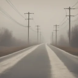 An empty road on a misty day. Telegraph poles and wires. Muted tones. Tilted horizon. With blotches and lens noise and grain. Hyper realistic Photo 4k