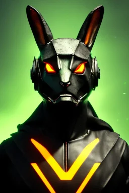 Medium Close Up Portrait, Front image. cyberpunk, rabbit mask helmet, strong man, titanium hair. Latex suit. Black, yellow, color. Rocketer style. Color background, photo studio. Avatar image, highly detailed, concept art, smooth, unreal engine 5, ray tracing, RTX, lumen lighting, ultra detail, volumetric lighting, 3d, finely drawn, high definition, high resolution.