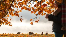 Autumn: falling leaves, Misty mornings, fog over distant fields or forests, sunshine; people wearing scarves, woolly hats, gloves, holding mugs of steaming hot drinks; chestnuts, acorns, berries, rowan, holly, mistletoe; birds migrating; squirrels gathering nuts; rabbits; beautiful colours, atmospheric. Award winning photograph.