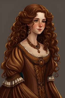fille cheveux bruns bouclés, robe royale, réaliste