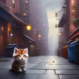 pixar style, volumetric New York City alley with steel garbage can environment and background, realistic painting of a cute kitten on the ground, looking excited, detailed digital painting, extreme dense and fine fur, anime, ornate, colour-washed colors, elegant, small minutiae, particulars, centered, smooth, sharp focus, renderman gofur render, 8k, uhd, detailed eyes, realistic shaded volumetric lighting