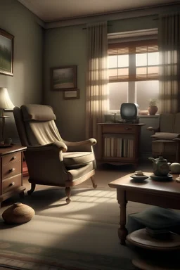 Photorealistic old woman's living room. Tidy and sparsely furnished with a well-loved recliner, sidetable and older tv. The recliner faces the tv. A small stool on wheels sits beside the tv. There is an open window with open drapes. The drapes appear to be hand sewn and tidy.