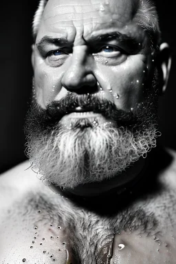 close up photography, dirty burly russian ugly strong chubby 56 years old man, bullneck, milk falling from above, splashing and dripping milk in the face, milk dripping on the beard, with dirty tank top, tattoo, serious eyes, manly chest, 35mm lens, natural light