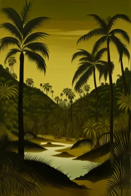 A dark gold mine oasis near a field of palm trees painted by Henri Rousseau