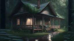 A cottage in the middle of a woods, with a rocking chair on its porch. Surrounded by lush greenery, and light rain falling. Comforting, soothing, hyper real, 4k