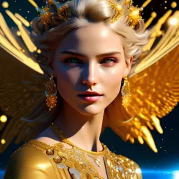 face,angel, man, woman blondie, smile, beautiful place,amazing, cosmic, colors, planet, gold,Flower, realistic, photo real, stars night, detailed, high contrast, 8k high definition, unreal engine 5, extremely sharp detail, light effect, light background
