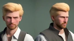 George is estimated to be 28 years of age (as of Broken Sword 4). His trademark appearance consists of blond hair, cut short in the back but left long in the front, as well as jeans with incredibly deep pockets and a blue-green jacket over a white t-shirt.