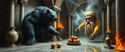 master oil painting by Escher and Giger, glaring vases and black humanoid reflective expressive long clunky obese elder troll bear and hidden magic aura golden eel with beard inside marble hall library, cryptic eggs, sacred geometry, fire fog and steam border, fire elemental creature, twisted dimensional portal for ice elemetals only
