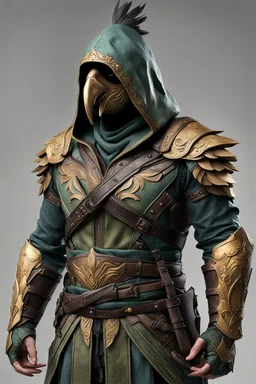 video game character costume inspired by a Kea parrot and Assassin's Creed aesthetic. bird-themed mask protects face. The metallic elements should be in bronzed gold tones. The design should introduce tinted tinted green and blue transitional colors from the bronzed gold to olive color scheme. The hood should have a matte black beak-like tip, exaggerated in shape. character wielding matte black karambit. overall finish should be foresty, wintery, and weathered.