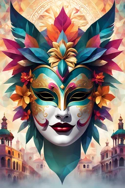 Generate an illustration of a festive carnival venetian antique mask over a low poly vibrant female, ultra detailed 32k , the joyful atmosphere over a misty Venice background, shunga style