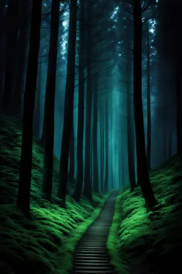 pathway leading into a Dark forest. fantasy