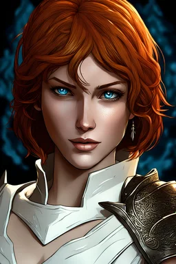 Gorgeous female Dungeons & Dragons Character. Cleric of Selune, dressed in white armor and wearing a white cape. She has short ginger hair and blue eyes. Imposing pose. Holding a mace in her right hand and a sword in her left hand. Full body image.