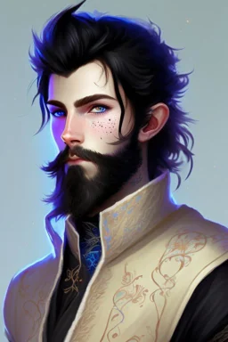 Black haired blue eyed freckled young male warlock in the style of aubrey beardsle