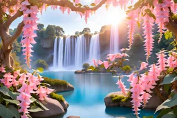 magic garden with pink trumpet vine, white or parma or blue light effects colors, sun, realistic, very detailed, pink trumpet creeper, peaceful lake, waterfalls in the background of the park, high contrast, 8k, high definition, concept art, sharp focus