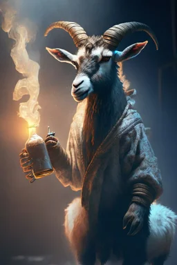 Thug goat holding Molotov, dramatic lighting, matte painting, highly detailed, cgsociety, hyperrealistic, --no dof, --ar 2:1