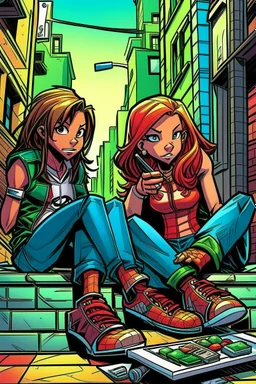 çizgi roman tarzıiki kız beraber sokakta oturuyorlar yaşları daha büyük liseliler daha renkli kızlardan birinin saçı kabarık diğerininki ise biraz uzun geniş açı ikisininde vücudu tam görünsün 2 boyutlu çizgi roman tarzı koyu gölgelendirme ayakları düzelt 3 boyutlu biraz daha üç boyutlu 3 boyutlu kızların fiziklerini değiştir yüz tiplerini değiştir keskin çizgiler olmasın doğum günü kutluyorlar