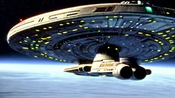 a screen capture from a star trek movie of a battle-damaged starship enterprise IN the year 2380 IS IN A BATTLE with monster ufos sci-fi meticulous, highly-polished, photorealistic, studio production, intricately detailed, GALACTIC, directed by gene Roddenberry, looking down and from the left rearcorner,visiblaftalsdjfafterburner