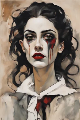 Painting of a Goth vampire girl, in the Expressionist style of Egon Schiele, Oskar Kokoschka, and Franz Marc, in muted natural colors