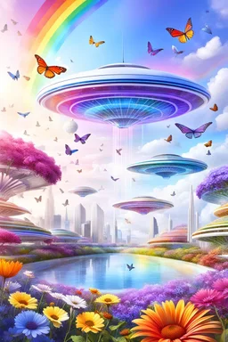 colors, very beautiful, flowers garden,rainbow, cité très futuriste ultra moderne, ufos rainbow, ufos fleet, intergalactic, birds, butterfly